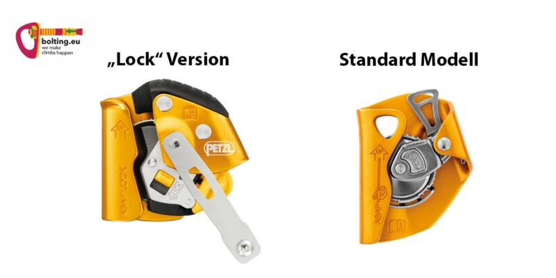 Gelbes Petzl ASAO LOCK links und das Standardmodell rechts zum direkten Vergleich.