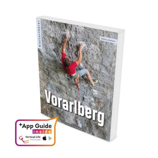Cover des Vorarlberg Kletterführer mit Kletterer auf grauer Felswand in rotem Shirt.