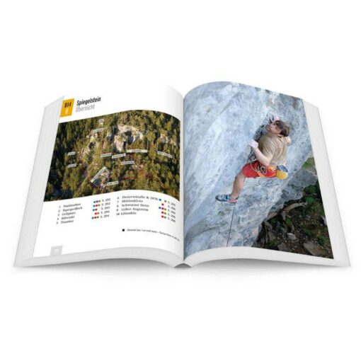 Doppelseite aus dem Kletter Guidebook Vorarlberg mit Kletterbild rechts und Text links.
