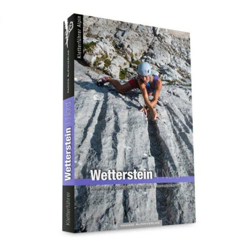 Cover des Wetterstein Nord Kletterführers mit Klettererin in grauer Felswand von oben.