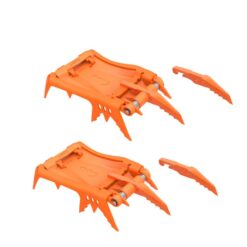 Ein Paar orange Frontteile des Petzl Dart mit weiterem Paar Ersatz Frontzacken.