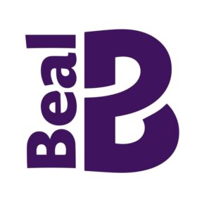 Logo von Beal mit violetter Wortmarke und verzerrtem B auf weißem Hintergrund.