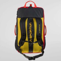 Schwarze-gelb-roter La Sportiva Travel Bag von der Rückseite mit Logo.