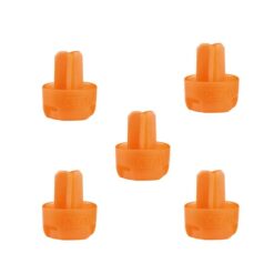 Fünf orange Petzl Laser Protection Eisschrauben Schutzkappen auf weißem Quadrat.