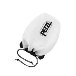 Weiße Petzl Shell LT Stirnlampen Schutzhülle mit Kordel und Wortmarke.