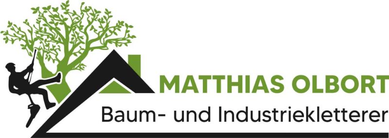 Logo vom Industriekletterer und Baumkletterer Matthias Olbort mit Dach, Baum und Kletter Icon.