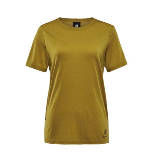 Goldenes Black Yak Mewati Damen T-Shirt von der Vorderseite mit angedeuteter Brust auf weißem Hintergrund.