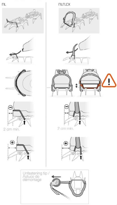 Grafik zum Einstellen der vorderen Bindung beim Petzl Irvis Steigeisen.