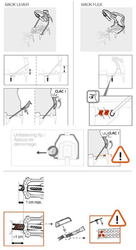 Grafik zum Einstellen der hinteren Bindung beim Petzl Vasak Steigeisen.