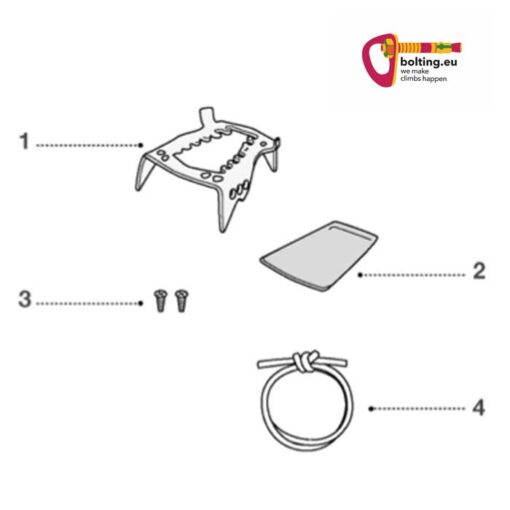 Grafik mit Bestandteilen des Petzl Kit Cord-Tec mit vier Bestandteilen und buntem Logo von bolting.eu.