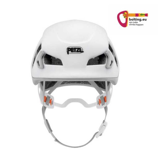 Weiss-grauer Petzl Meteora Damen Kletterhelm von der Vorderseite und buntes bolting.eu Logo rechts oben.