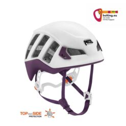 Weiss-violetter Petzl Meteora Damen Kletterhelm von der Seite und buntes bolting.eu Logo rechts oben.