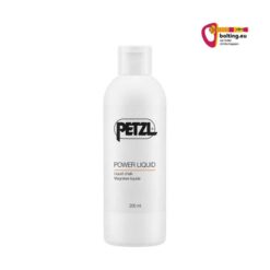 Weiße Kunststoffflasche Petzl Power Liquid Chalk und rechts oben buntes bolting.eu Logo.