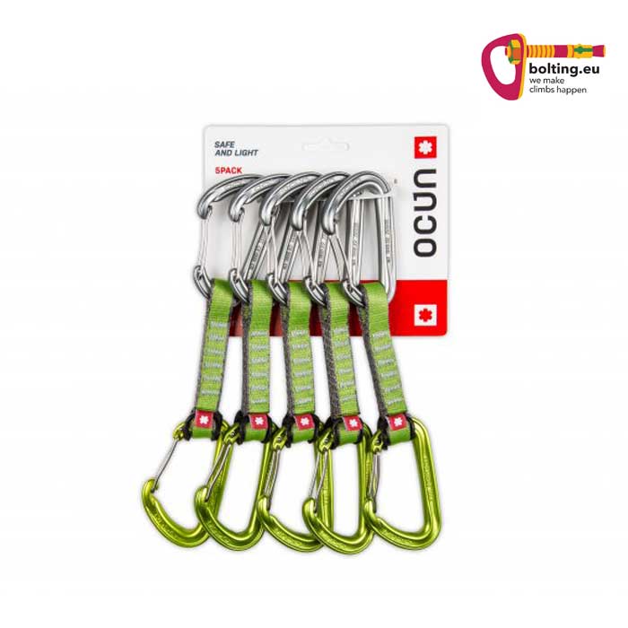 5er Pack grüne Ocun Hawk QD Wiregate Expresschlinge mit Label.
