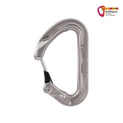 Grauer Petzl Ange S Karabiner mit Schnapper links und buntes bolting.eu Logo rechts oben.