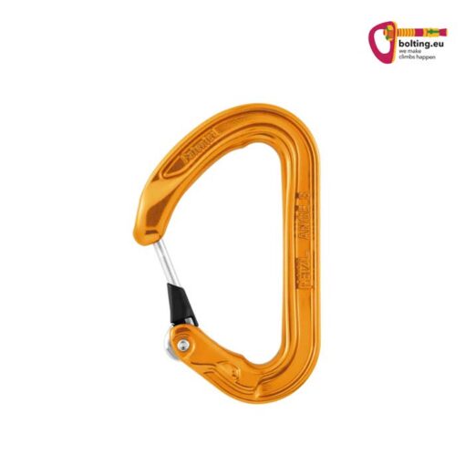 Oranger Petzl Ange S Karabiner mit Schnapper links und buntes bolting.eu Logo rechts oben.