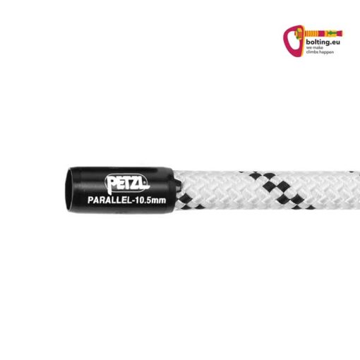 Schwarze Kennzeichnungshülsen für Petzl Parallel 10,5mm Statikseil auf weißem Seil und buntes bolting.eu Logo.