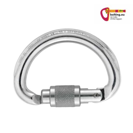 Silberner Petzl Omni Karabiner mit Scre Lock Verschluss.