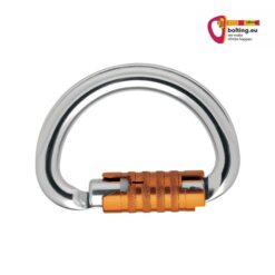 Silberner Petzl Omni Karabiner mit orangem Triact Lock Verschluss.