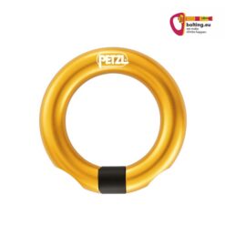 Gelber, aufschraubbarer Ring Petzl Ring open mit schwarzem Zwischenstück. Rechts oben buntes bolting.eu Logo.