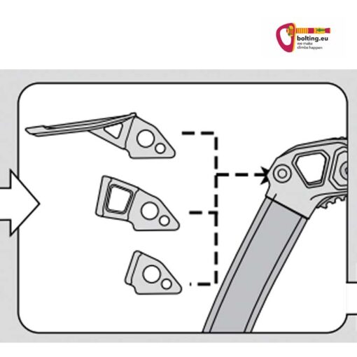 Grafik zur Montage des Black Diamond ICE Micro Hammer. Rechts oben, buntes bolting.eu Logo.