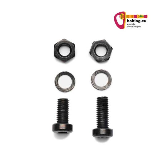 Satz Black Diamond ICE Head Bolts mit je zwei schwarzen Schrauben, Beilagscheiben und Muttern. Rechts oben buntes bolting.eu Logo.