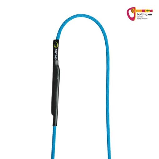 Blaue Edelrid Aramid Cord Sling im Halbkreis aufgelegt. Rechts oben buntes bolting.eu Logo.