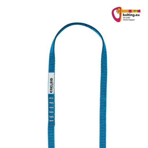 Blaue Edelrid Tech Web Sling 120cm Seilschlinge im Halbreis ausgelegt. Rechts oben buntes bolting.eu Logo