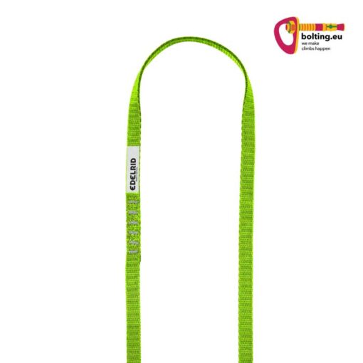 Grüngelbe Edelrid Tech Web Sling 180cm Seilschlinge im Halbreis ausgelegt. Rechts oben buntes bolting.eu Logo