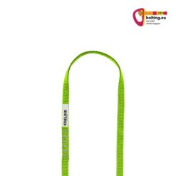 Grüngelbe Edelrid Tech Web Sling 60cm Seilschlinge im Halbreis ausgelegt. Rechts oben buntes bolting.eu Logo