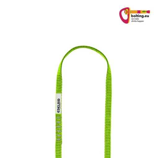 Grüngelbe Edelrid Tech Web Sling 60cm Seilschlinge im Halbreis ausgelegt. Rechts oben buntes bolting.eu Logo