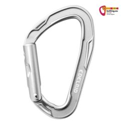 Silberner Edelrid Mission Straight Karabiner mit Schnapper nach links. Rechts oben buntes bolting.eu Logo.