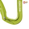 Kleiner Schenkel des gelbgrünen Mission Bent Karabiners von Edelrid. Rechts oben buntes bolting.eu Logo