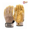 A pair of light brown Petzl Cordex leather gloves with word and figurative mark. Top right bolting.eu logo.