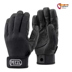 A pair of black Petzl Cordex gloves with word and figurative mark. Top right bolting.eu logo.