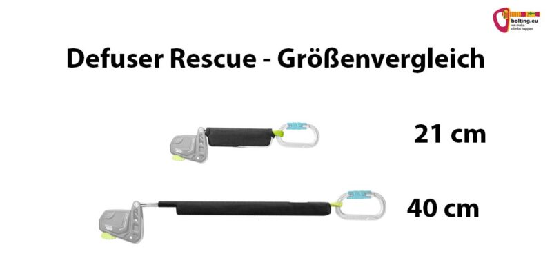 Grafik mit einem Größenvergleich von zwei unterschiedlich langen Edelrid Defuser Rescue Bandfalldämpfern inkl. Fuse und Karabiner übereinander.