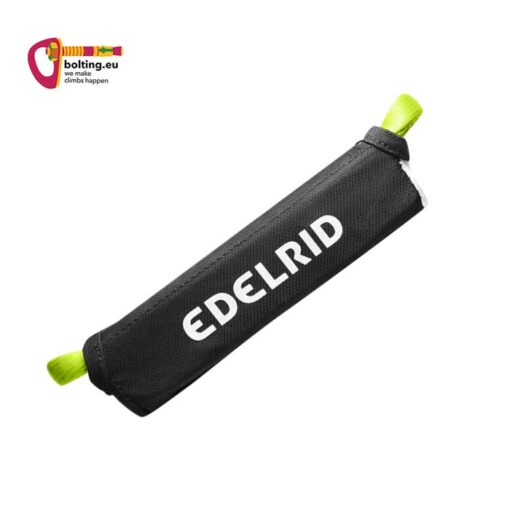 Schwarzer Edelrid Bandfalldämpfer Shockstop Pro 140 mit grünen Karabinerösen und weißem Logo. Links oben buntes bolting.eu Logo.