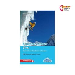 Blau gehaltenes Cover des Eiskletterführers Tirol auf weißem Quadrat.Rechts oben buntes bolting.eu Logo.