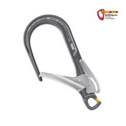 Grau-silbernes Petzl MGO Open 110 Verbindungselement mit Schnapper nach links unten. Rechts oben buntes bolting.eu Logo.