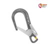 Grau-silbernes Petzl MGO Open 60 Verbindungselement mit Schnapper nach links unten. Rechts oben buntes bolting.eu Logo.