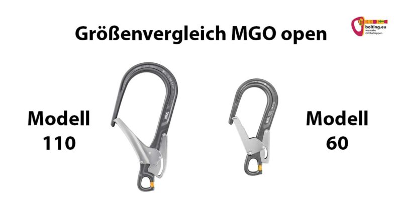 Größenvergleich der beiden Petzl MGO Verbindungslemente 60 und 110.