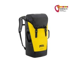 Schwarz-gelber Petzl Transport 30 Industriekletter Rucksack von der Vorderseite mit Logo und modellname.