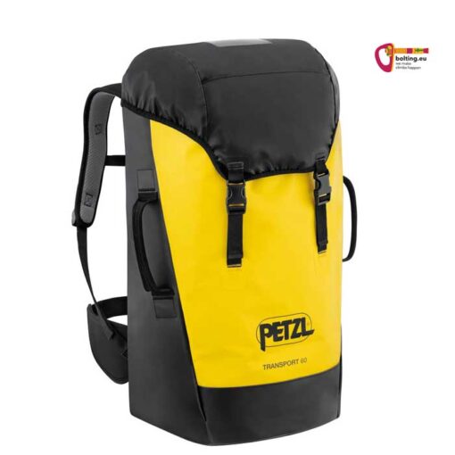 Schwarz-gelber Petzl Transport 60 Industriekletter Rucksack von der Vorderseite mit Logo und Modellname.