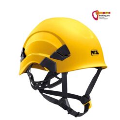 Gelber Petzl Vertex Industriekletterhelm von der Seite mit Kinnband. Rechts oben buntes bolting.eu Logo.