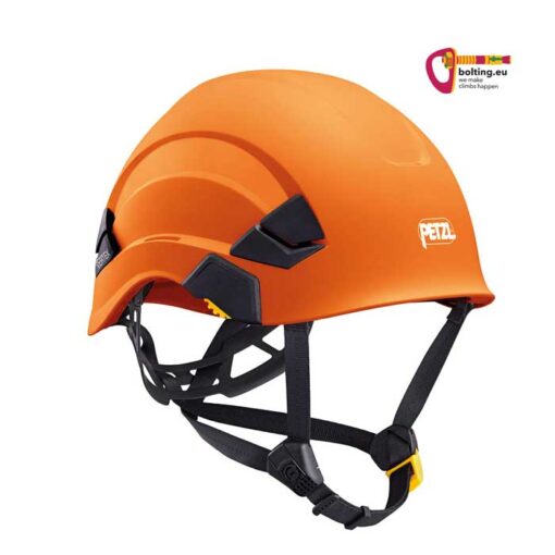 Oranger Petzl Vertex Industriekletterhelm von der Seite mit Kinnband. Rechts oben buntes bolting.eu Logo.