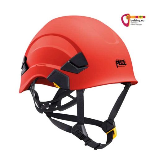 Roter Petzl Vertex Industriekletterhelm von der Seite mit Kinnband. Rechts oben buntes bolting.eu Logo.