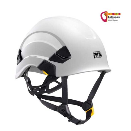 Weisser Petzl Vertex Industriekletterhelm von der Seite mit Kinnband. Rechts oben buntes bolting.eu Logo.