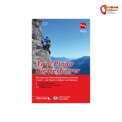 Rot-blaues Cover mit Kletterbild des Tirol Plaisir Kletterführers auf weißem Quadrat.