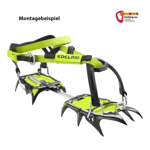 Edelrid Steigeisen mit schwarz silbernem Frontkörbchen Spare Crampon Binding Soft Front auf weißem Quadrat.