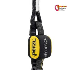 Schwarz gelber Petzl Absorbica - I 80 Bandfalldämpfer mit Logo auf weißem Hintergrund.